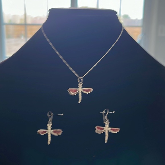 Jewelry - Vintage 925 Silver Plated ‘Market’ Set Of Dragon Fly Necklace & Earrings